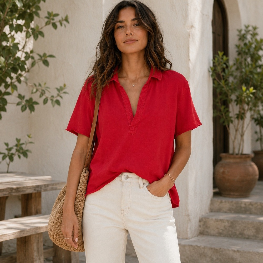 Frank & Eileen Patty Popover Short Sleeve Henley Red Cotton Top Large LAB227HJ